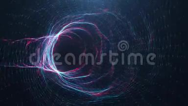 抽象运动数字虫洞，<strong>隧道</strong>由<strong>蓝色</strong>和红色闪闪发光的<strong>粒子</strong>和线条组成。 穿过数字世界